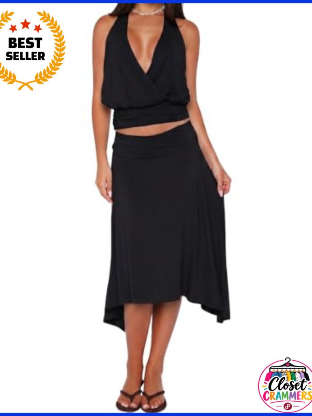 Women's 2 Piece Draped Halter Top & Asymmetrical Midi Skirt Set